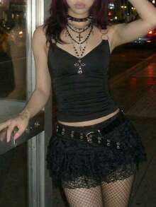 EgrlEra 女士哥特式圆形戒指细节蕾丝拼接吊带背心，夏季 - 黑色 - 查看 2