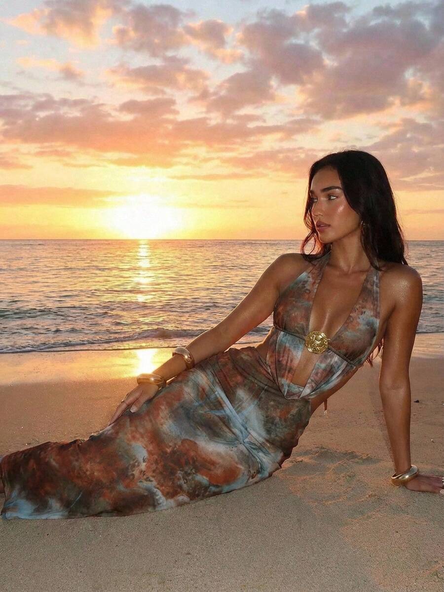 Aloruh Đầm dài dệt kim hở lưng, thanh lịch, gợi cảm, in họa tiết, cổ khoét sâu, thích hợp cho kỳ nghỉ ở đảo, biểu diễn tại lễ hội âm nhạc, đầm ôm sát cơ thể.