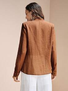 Arave Women's Loose Fit V-Neck Pleated Flowy Tie Design Casual Commuter Blouse - Coffee Brown - View 5