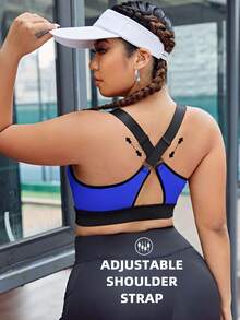 SHEIN Sports 加大码撞色包边交叉后背运动文胸，内置胸垫，不可拆卸胸垫，高支撑背心式设计，适合健身、瑜伽、跑步等运动，黑色，适合中国新年穿着 - 寶藍色 - 查看 2