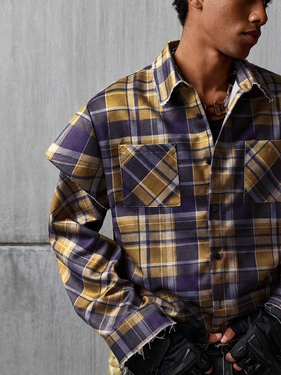 NEON BLANC Men's Plaid Print Patch Pocket Front Button Casual Long Sleeve Shirt - Brown - View 1