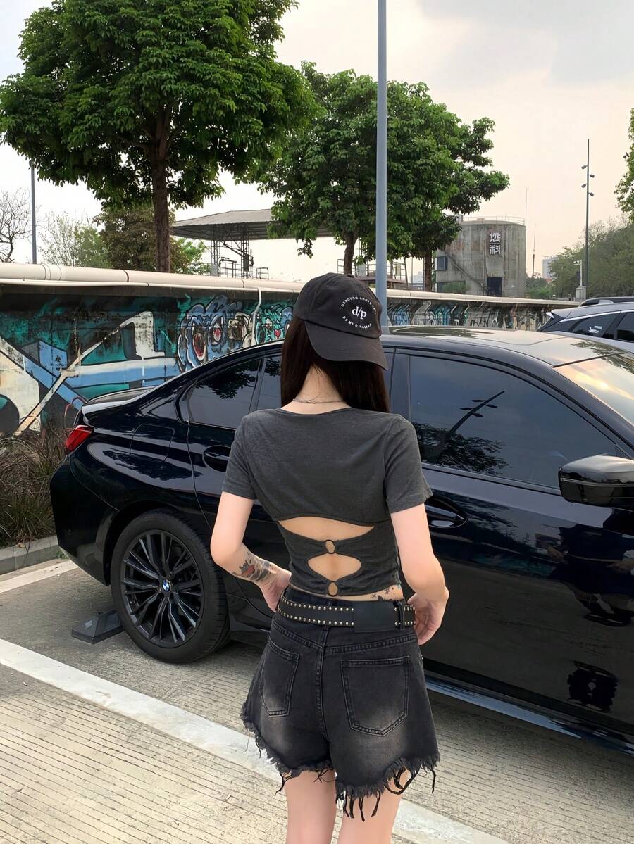 K-Vae 夏季修身性感露肩露背女式上衣 - 深灰色 - 查看 1