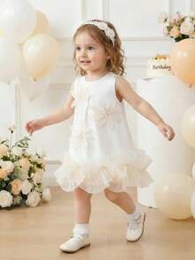 SHEIN Elladie kids Baby Girls' Elegant Floral Mesh Ruffle Hem Sleeveless Dress, Minimalist Fashion For Spring & Summer - Apricot - View 3