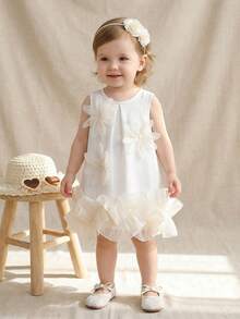 SHEIN Elladie kids Baby Girls' Elegant Floral Mesh Ruffle Hem Sleeveless Dress, Minimalist Fashion For Spring & Summer - Apricot - View 5