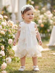SHEIN Elladie kids Baby Girls' Elegant Floral Mesh Ruffle Hem Sleeveless Dress, Minimalist Fashion For Spring & Summer - Apricot - View 9