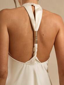 SHEIN BAE Women's Spring/Summer White Satin Halter Backless Metal Buckle Decor A-Line Mini Dress, Graduation Wedding Guest Holiday - White - View 4