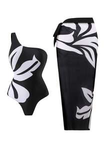 Swim Oasis Plus Size Black & White Placement Print One-Piece Swimsuit With Mesh Skirt,Shoulder Bag,Waist Drawstring,Summer Elegant Formal Beach Evening Holiday - Black and White - View 1