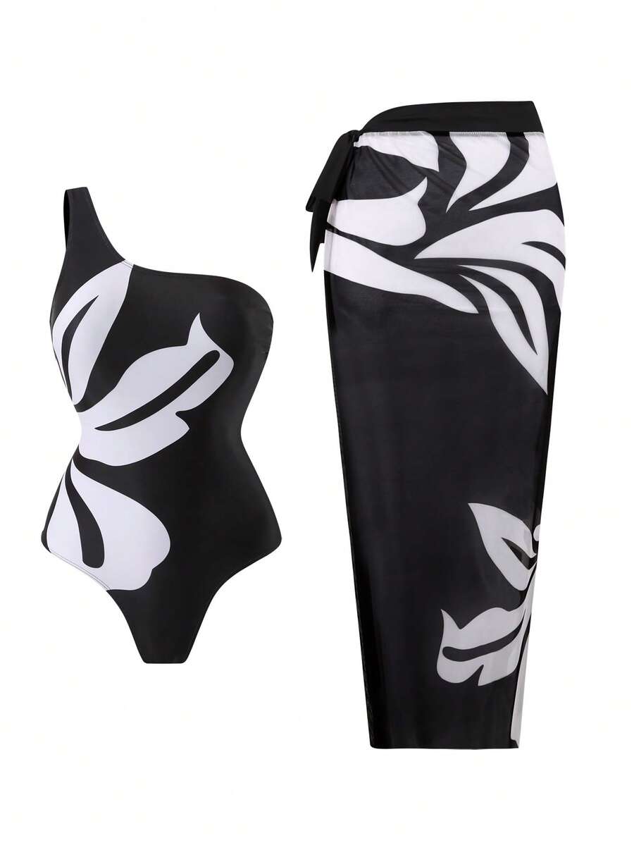 Swim Oasis Plus Size Black & White Placement Print One-Piece Swimsuit With Mesh Skirt,Shoulder Bag,Waist Drawstring,Summer Elegant Formal Beach Evening Holiday - Black and White - View 1