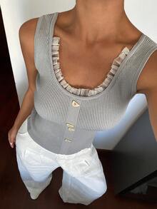 DAZY 女士修身罗纹拼接蕾丝边圆领休闲度假夏季轻薄针织背心 - 灰色 - 查看 4