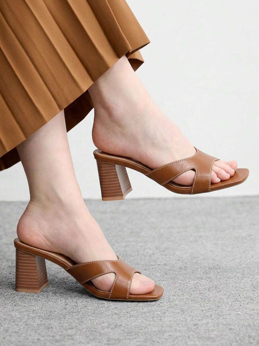 CUCCOO BIZCHIC 方头方跟极简主义女士高跟凉鞋，日常穿着度假鞋，夏季必备 - 棕色 - 查看 1