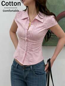SHEIN Glamour Blusa de manga corta con hombros regulares, ajuste en la cintura, de rayas rosas, para uso casual de vacaciones - Multicolor - Ver 1
