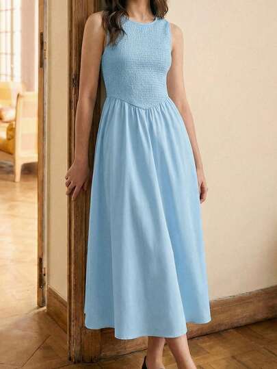 BizChic Nuevo vestido azul de primavera/verano con cuello redondo, textura de punto, hombros descubiertos, sin mangas, parche tejido y dobladillo en línea A, versátil para múltiples ocasiones