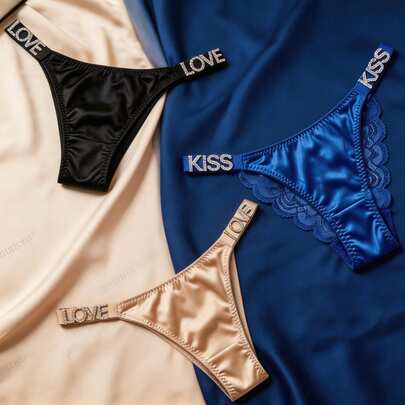 Set de 3 Pantys Tipo Tanga de Satén con Detalle de Pedrería y Letras "LOVE/KISS", Lencería de Encaje Sexy para Mujer