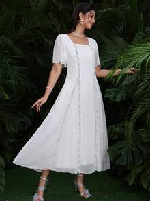 Modelyn Square Neck Chiffon Ruffle Trim Patchwork Short Sleeve Waist Cinched Midi Dress For Women - White - View 8