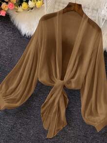 Linhara Plus Size Women Solid Color Lantern Sleeve Tie Waist Blouse - Brown - View 4