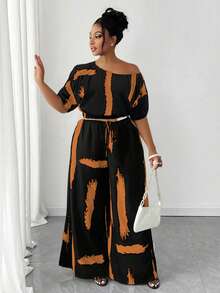 Maweii 大码时尚印花不对称领短袖两件套 - 橘色 - 查看 4