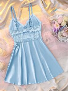 DelicateAllure Sexy Backless Lace Hollow-Out Patchwork Satin Slip Dress For Women - Baby Blue - View 2