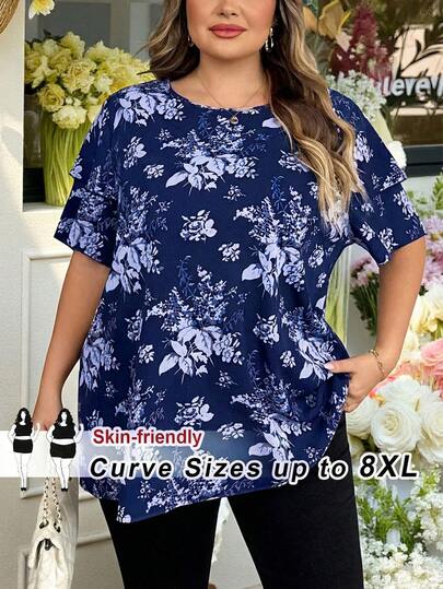 SHEIN CURVE+ Plus Size Women's Floral Print Double-Layer Sleeve Elegant Blouse For Summer Shirts For Women Blouses For Women Cute Shirts Shirts For Summer Funny Shirts