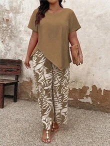 2pcs Plus Size Women Holiday Set - Solid Asymmetric Hem Top & Tropical Plants Print Pants - Khaki - View 7