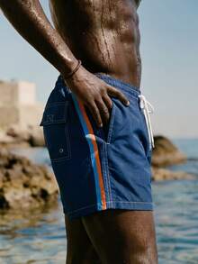 ZELFYO Pantalones cortos de playa casuales con cordón para hombre - Azul Marino - Ver 3