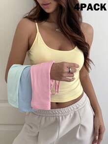 SHEIN EZwear 4 件套女士紧身短款休闲背心，粉色、蓝色、黄色、绿色，适合夏季 - 彩色 - 查看 4