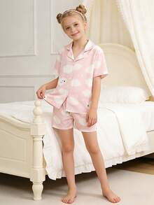 2pcs/Set Girls' Cute Elegant Pink Cloud Cartoon Print Cardigan Short Sleeve Pajama Set,Light Pink,Summer,Cute,Graphic,Home Wear,Sleep Homewear - Baby Pink - View 4