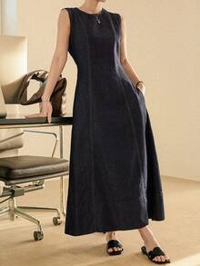 Dazy-Less Đầm denim midi không tay phối nhiều mảnh, đường may kiểu công chúa, phong cách công sở thường ngày, thích hợp cho mùa xuân và hè. - Màu xanh lam - Xem 9