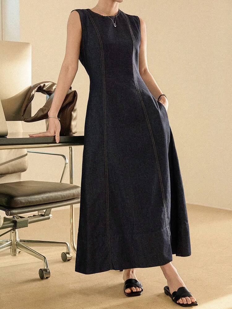 Women's Sleeveless Patchwork Princess Seam Midi Denim Dress, Business Casual Commuter Style, Spring & Summer