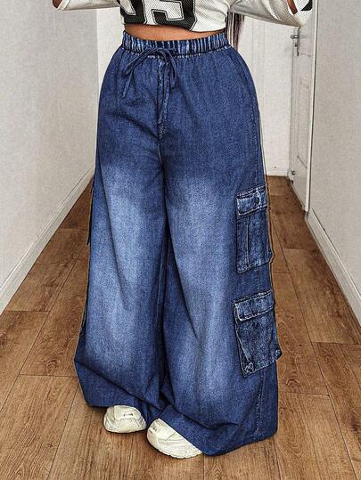 Maweii Plus Size Casual Street Drawstring Waist Wide Leg Cargo Pants