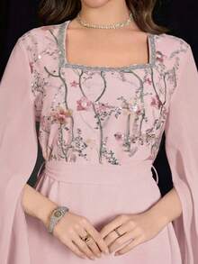 Modelyn Luxurious Embroidered Beaded Long Sleeve Plus Size Dress - Pink - View 4