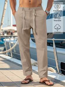 VENTUSAIL Men Solid Drawstring Waist Pants Tapered Long Slacks Linen Cool Plain Going Out, Fall - Khaki - View 1