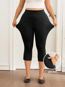 Lounesse 大码女式黑色五分钟速成紧身裤，时尚侧袋，适合日常通勤，舒适的大码黑色紧身裤 - 黑色 - 查看 2