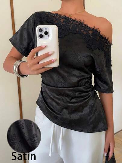 Siren Gaze Women's Casual Elegant Satin One-Shoulder Blouse, Lace Patchwork, Suitable For Daily Wear,Satin Blouse,Summer Outfit For Women,Festival Outfits,Party Top,Elegant,Lace Top