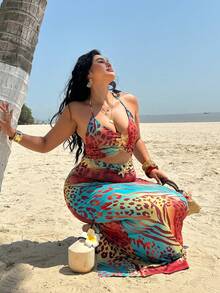 Sunnyshic Plus Size Women Leopard Print Metal Starfish Decor Hollow Out Sexy Halter Dress - Multicolor - View 6