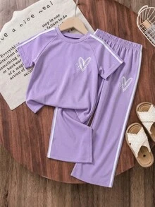 Genkimix Kids 2件套女童夏季丝带装饰爱心印花套装，休闲时尚圆领短袖T恤+松紧腰纯色直筒裤 - 粉色 - 查看 7