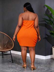 CurvyTilda Plus Size Women Green Textured Strapless Bodycon Mini Dress, Suitable For Holiday, Sexy, Beach, Party Elegant Summer - Orange - View 2