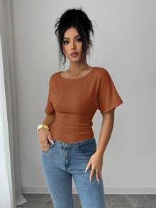 SHEIN Elenzya 女士优雅收腰露背设计T恤，夏季新品 - 棕色 - 查看 5
