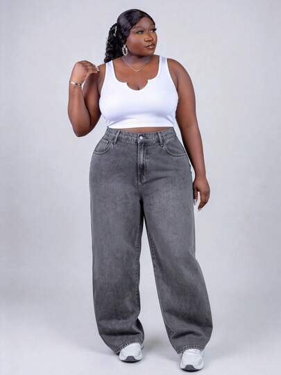 CurvyTilda MOD 大码纯色贴袋休闲百搭宽松阔腿牛仔裤，低腰宽松牛仔裤，Y2K 牛仔裤，圣诞裤