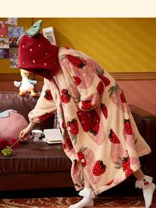 Áo ngủ nữ mùa đông in hình dâu tây có mũ trùm đầu, tay áo kiểu pajama, quà Giáng sinh, áo ngủ dài tay ấm áp, dày dặn bằng vải nỉ, có nút cài, có túi, bộ đồ ngủ nữ mùa thu đông, đồ ngủ dễ thương hoặc mặc hàng ngày. - Nhiều màu - Xem 8