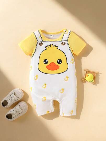 男女通用婴儿幼儿新生儿0-3岁二合一圆领短袖撞色小鸭卡通可爱连体衣，夏季连体衣，春夏宝宝户外活动服装