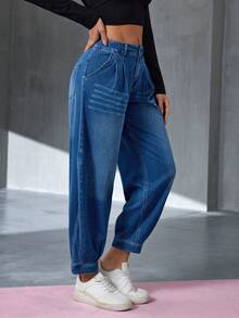 Flexra Women's Pleated Waist Belt Loop Casual Loose Fit Jeans Summer - Medium Wash - View 4