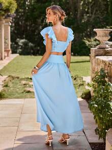KARISMINA Women's Elegant Baby Blue 2-Piece Set, Summer Holiday Picnic Camisole Top & Voluminous Maxi Skirt,Ladies Wedding Guest Beach Vacation Outfits - Blue - View 3