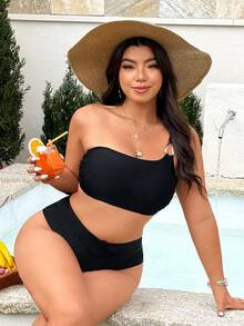 Swim Vcay Plus Size Women Summer Beach Solid Color Metal Decor Linked Bikini And Triangle Briefs Swimwear Set - Black - View 3