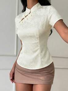 Blusa de cuello Mao de manga corta con cintura ceñida, estilo chino nuevo en color albaricoque, nuevo diseño de primavera/verano para mujer - Albaricoque 2 - Ver 2