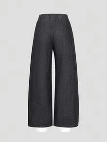 SHEIN Girls' Loose Fit Jeans, Casual Style, Minimalist All-Match Wide Leg Design, Elastic Waistband For Comfort, Suitable For Daily Casual Wear, Vacation, Party And Multi-Occasion, All Season - Black - View 3