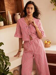 Lullawish 女士波西米亚风休闲舒适格子印花棉混纺系带腰荷叶边下摆睡衣套装 - 彩色 - 查看 5