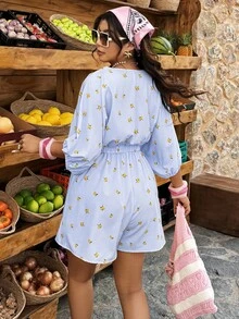 Weeklong Damen Große Größen Fruchtmuster Elastischer V-Ausschnitt Taillierter Ärmellos A-Linie Lässig Jumpsuit, geeignet für Frühling/Sommer - Verschiedenfarbig - Übersicht 2