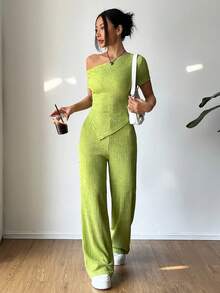 Flirla Petite 1 Set Women's Solid Color Knit Texture Irregular Shoulder Short Sleeve T-Shirt + Low Waist Wide Leg Pants, Summer Casual Outfit - Green - View 5