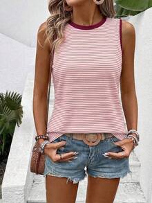 EMERY ROSE Women's Spring/Summer New Casual Round Neck Sleeveless Contrast Collar & Cuff Striped Print Pattern Tank Top - Multicolor - View 6