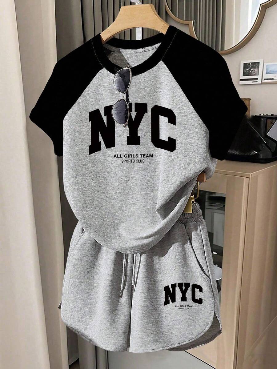 Resyla 夏季休闲套装，简约字母印花设计，撞色T恤短裤套装，宽松版型，学生风，日常穿着 - 彩色 - 查看 1